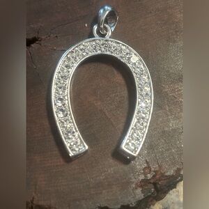 LARGE Silver Tone Crystal Horseshoe Pendant Necklace • Lucky Charm • Statement